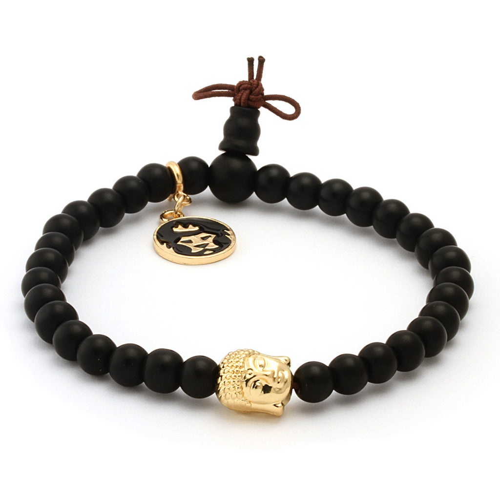 Matte Black Onyx Gold Buddha Beaded Mala Bracelet