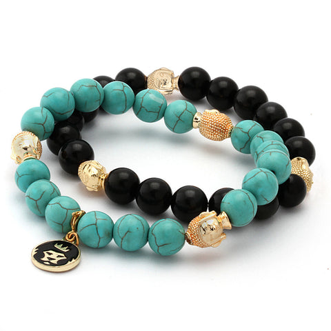 Turquoise & Onyx Buddha Mala Bracelet Set